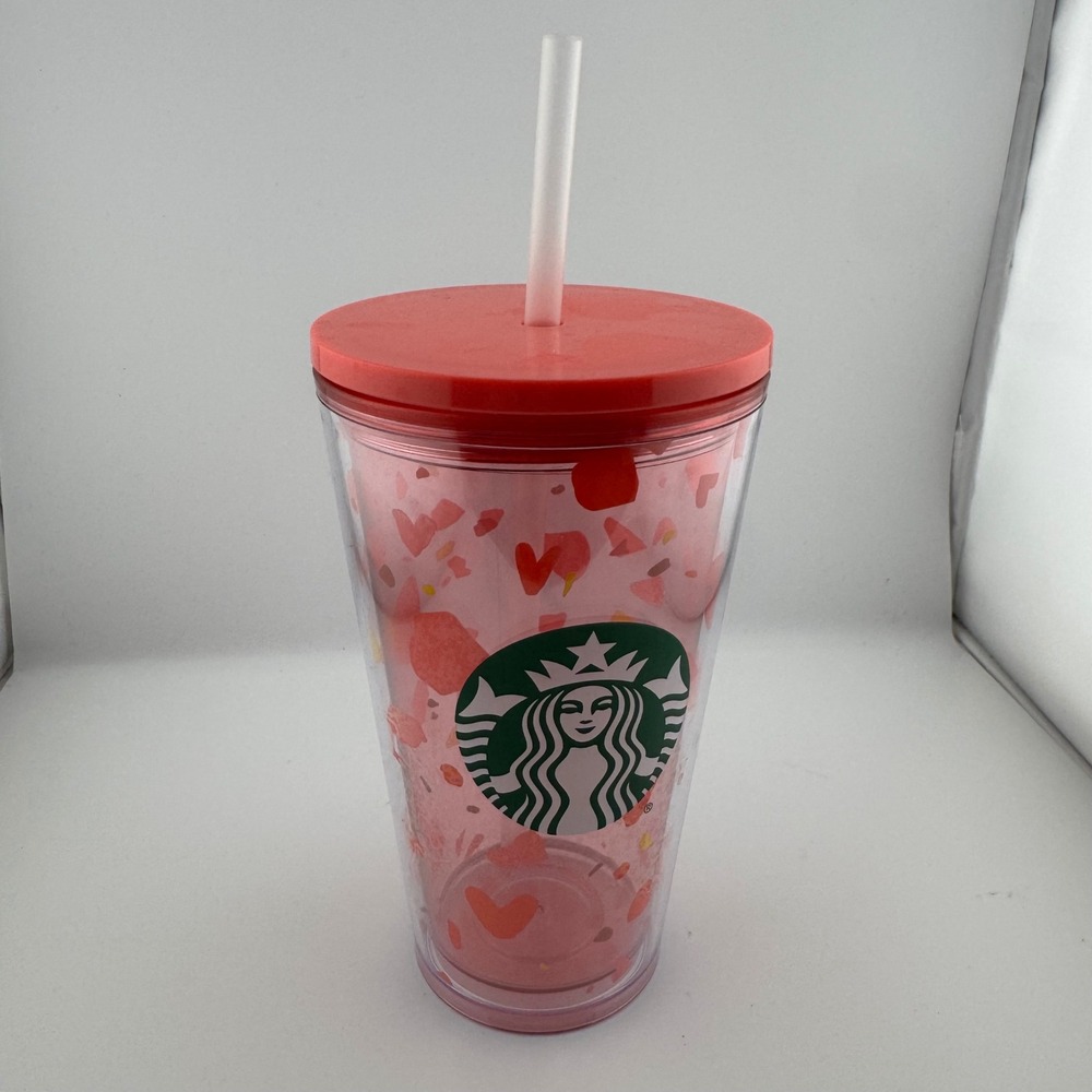 Starbucks Cold Cup Tumbler Unisex 16oz Pink Hearts Valentine Reusable Travel